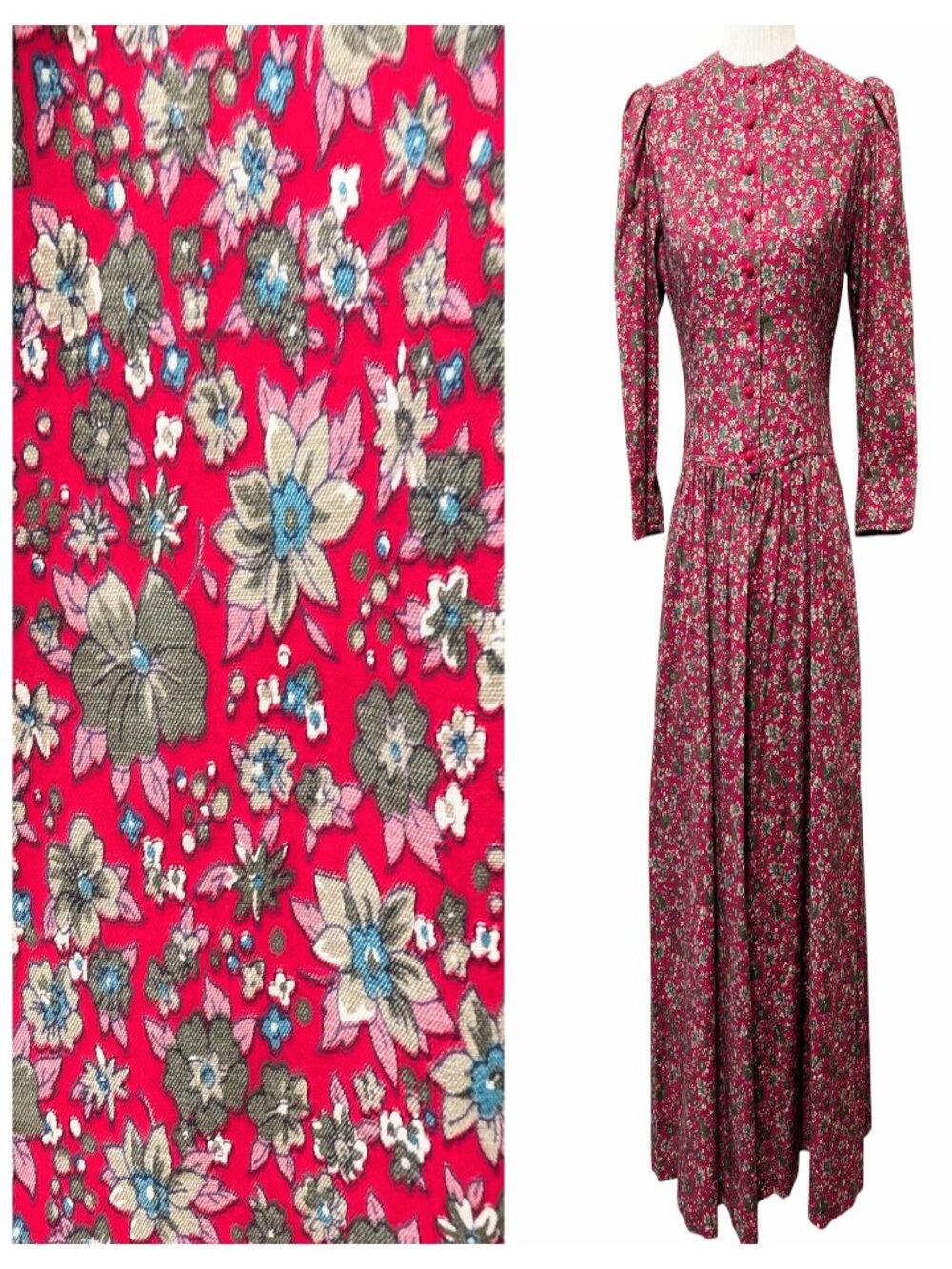Vintage Lanz Originals Sz 6 Red Floral Pockets Modest Country Cottage Midi Dress
